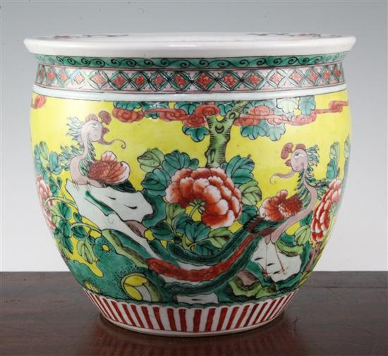 A Chinese yellow ground fish bowl, late 19th century, diameter 26cm